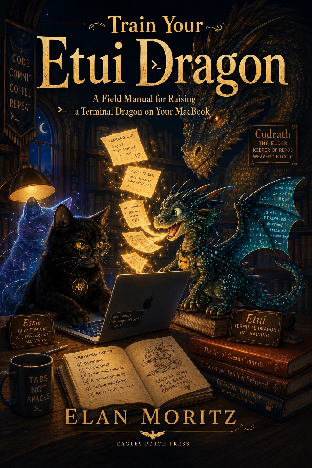 Cover of Train Your Etui Dragon showing Etui the terminal dragon, Essie the quantum cat, and Codrath the Elder near a laptop.